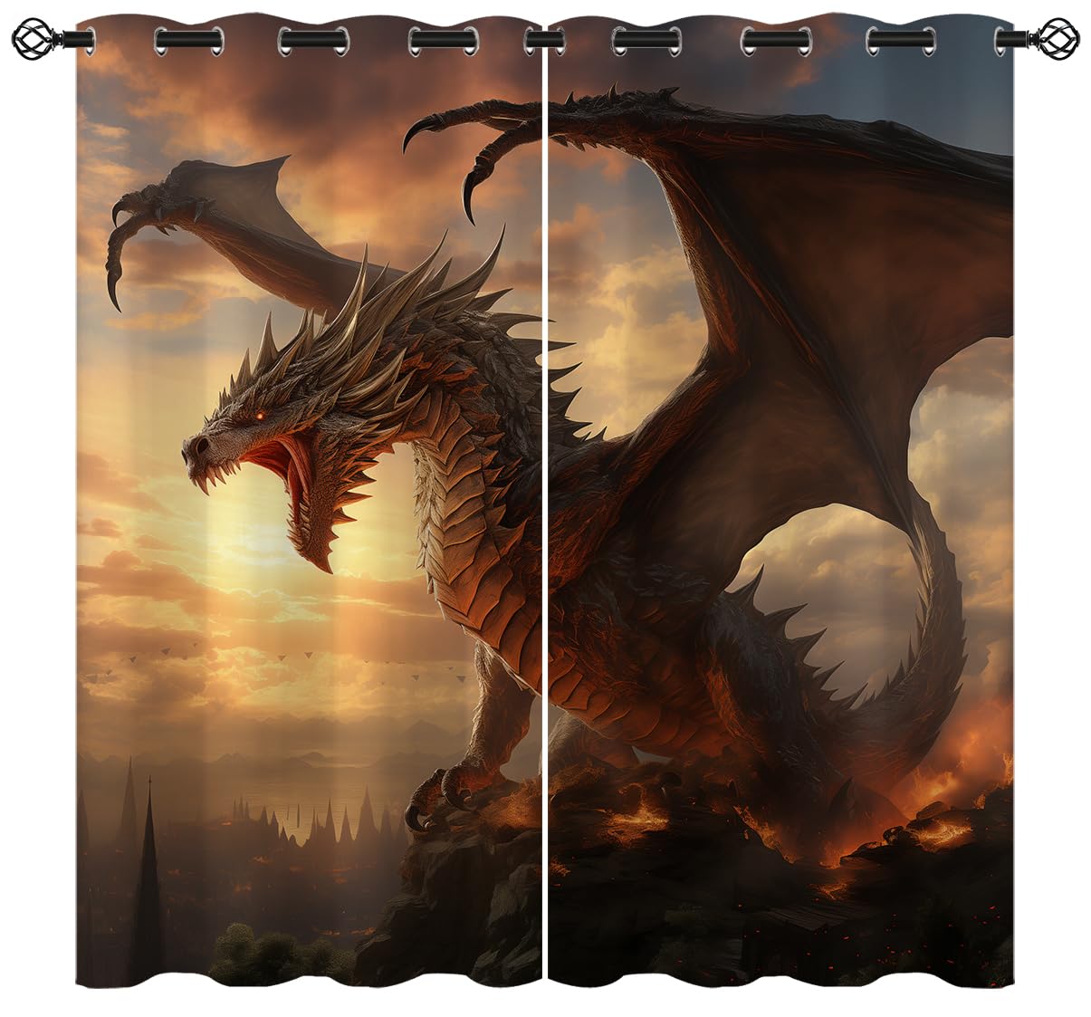 ONINUO Dragon Blackout Curtains for Girls Boy Home Decor, Fantasy Magic Animal Medieval Fire Game Grommet Thermal Insulated Drapes Darkening Window Curtain for Bedroom Living Room, 42 x 45 Inch
