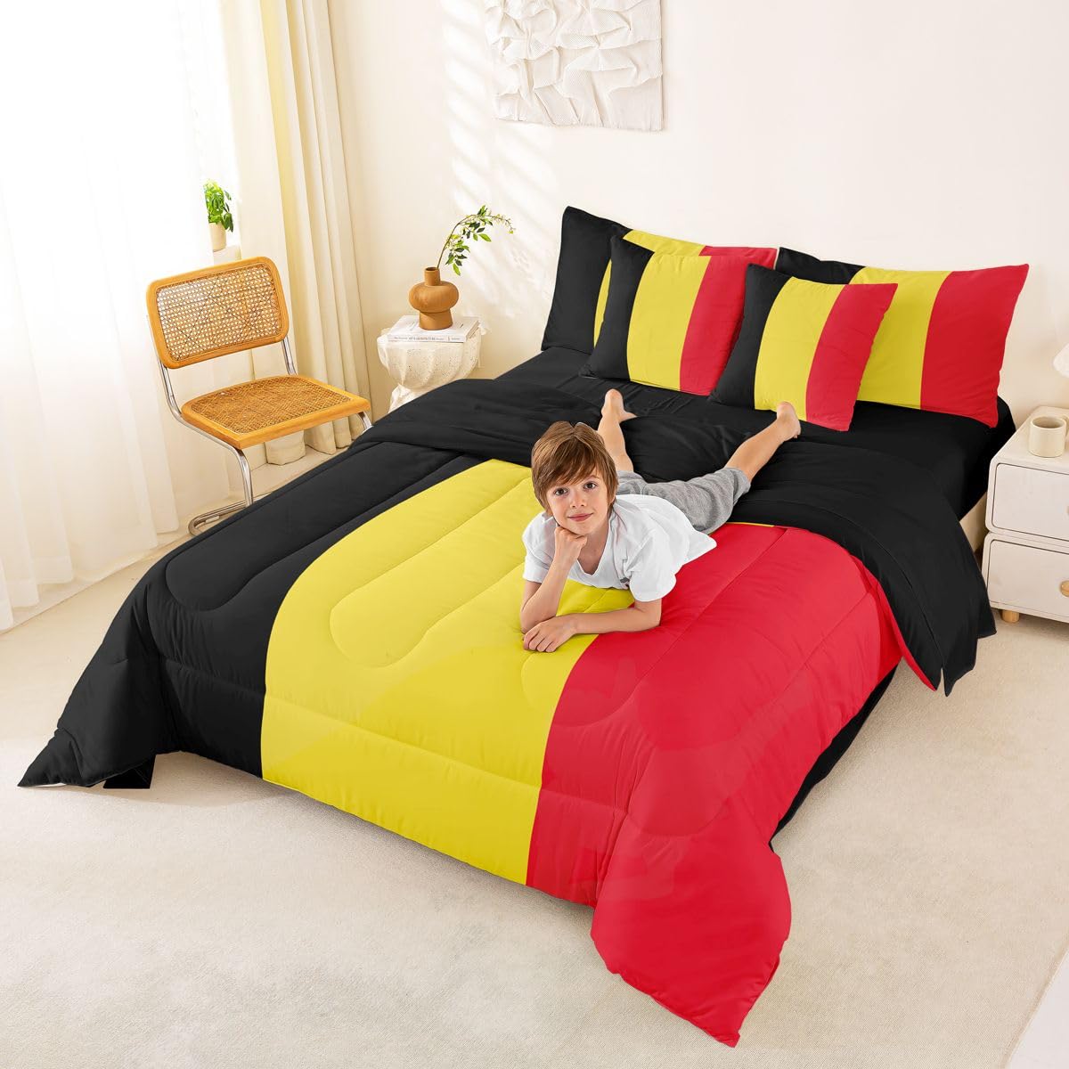 Feelyou Belgian Flag Comforter Set with Sheets 7 Piece King Size Belgium Bedding Set for Kids Boys Girls World Countries Bed in a Bag International Flag Room Decor Soft Lightweight Microfiber
