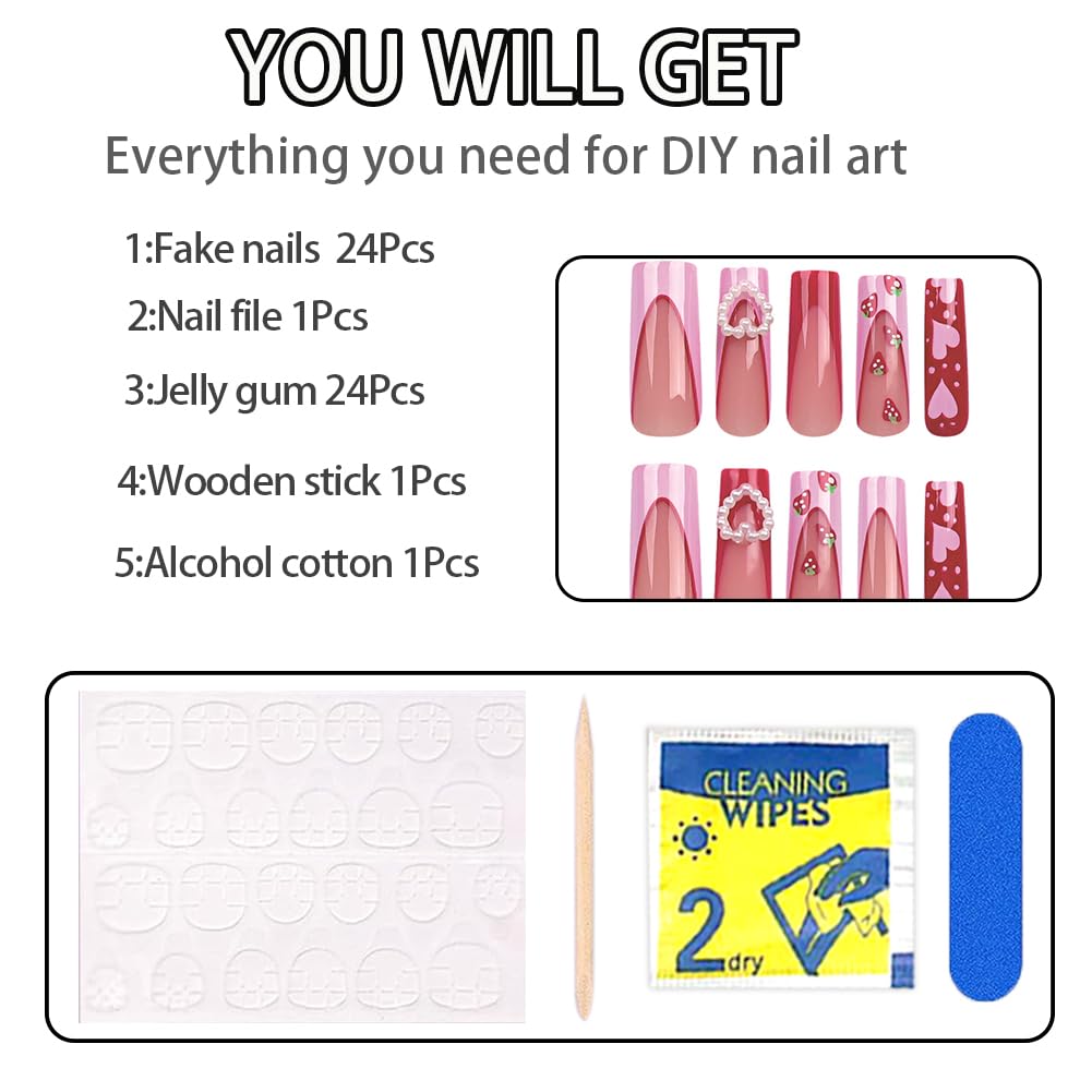Valentines Nails - Long Press On Nails Coffin Fake Nail With 3D Heart Pearl Strawberry Designs Pink French Acrylic Artificial Glue On False Nail Press Ons Stick On Nails for Women Girls