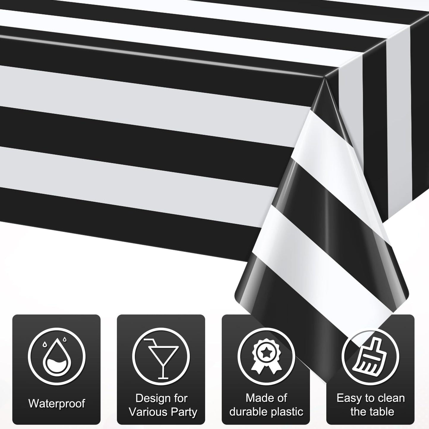 3pcs 54x108Inch Black and White Horizontal Striped Table Cloth Classic Black Stripe Tablecloths Disposable Plastic Stripe Waterproof Table Covers for Picnic Halloween Ghost Party