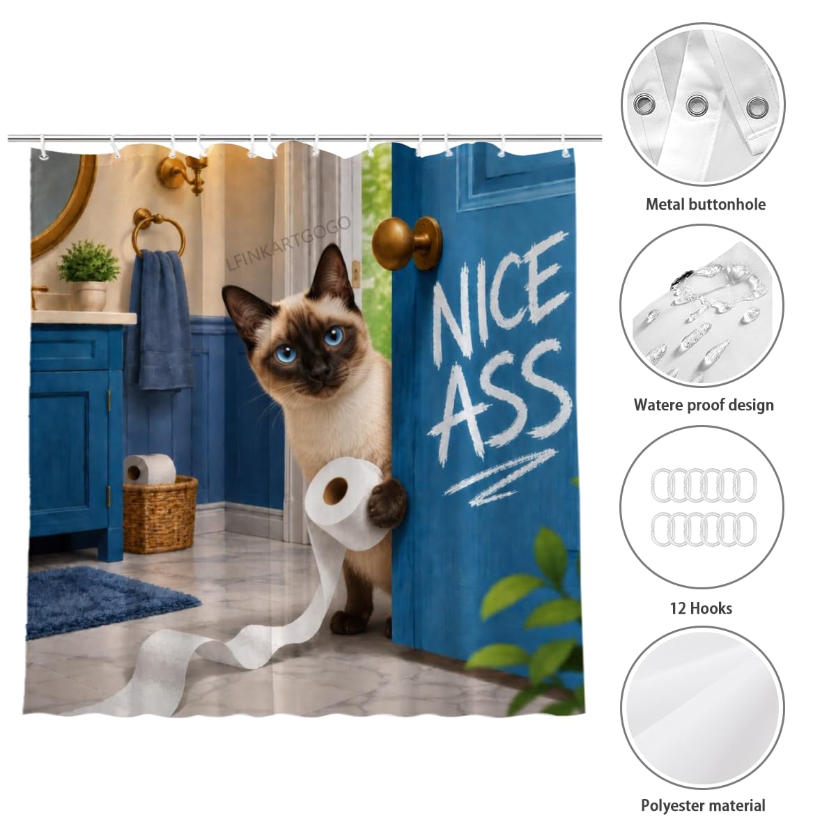 LFINKARTGOGO Funny Siamese Cat Shower Curtain 72x72 with 12 Hooks Humor Pet Animal Print Waterproof Washable Polyester Bath Curtain for Home Hotel Decor