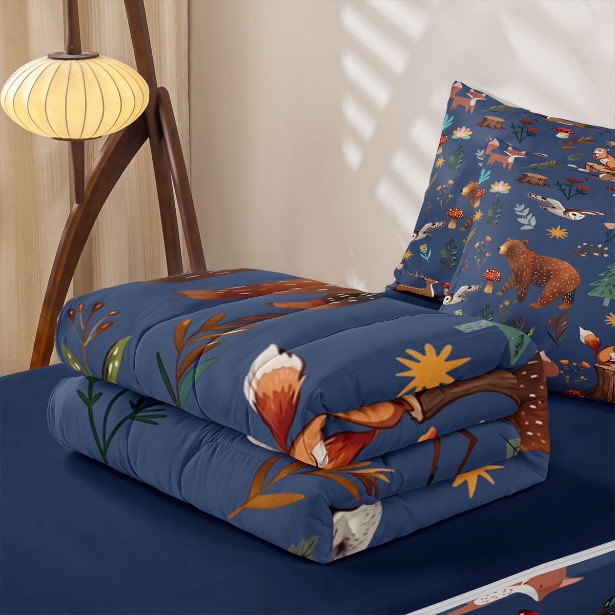 Erosebridal Woodland Animal Zip Up Bedding Set Twin Bear Deer Forest Theme Zipper Comforter Set with Sheets Cartoon Wildlife Hunting Theme Bed in a Bag Rustic Cabin Mushroom Wild Dark Blue Bed Sets