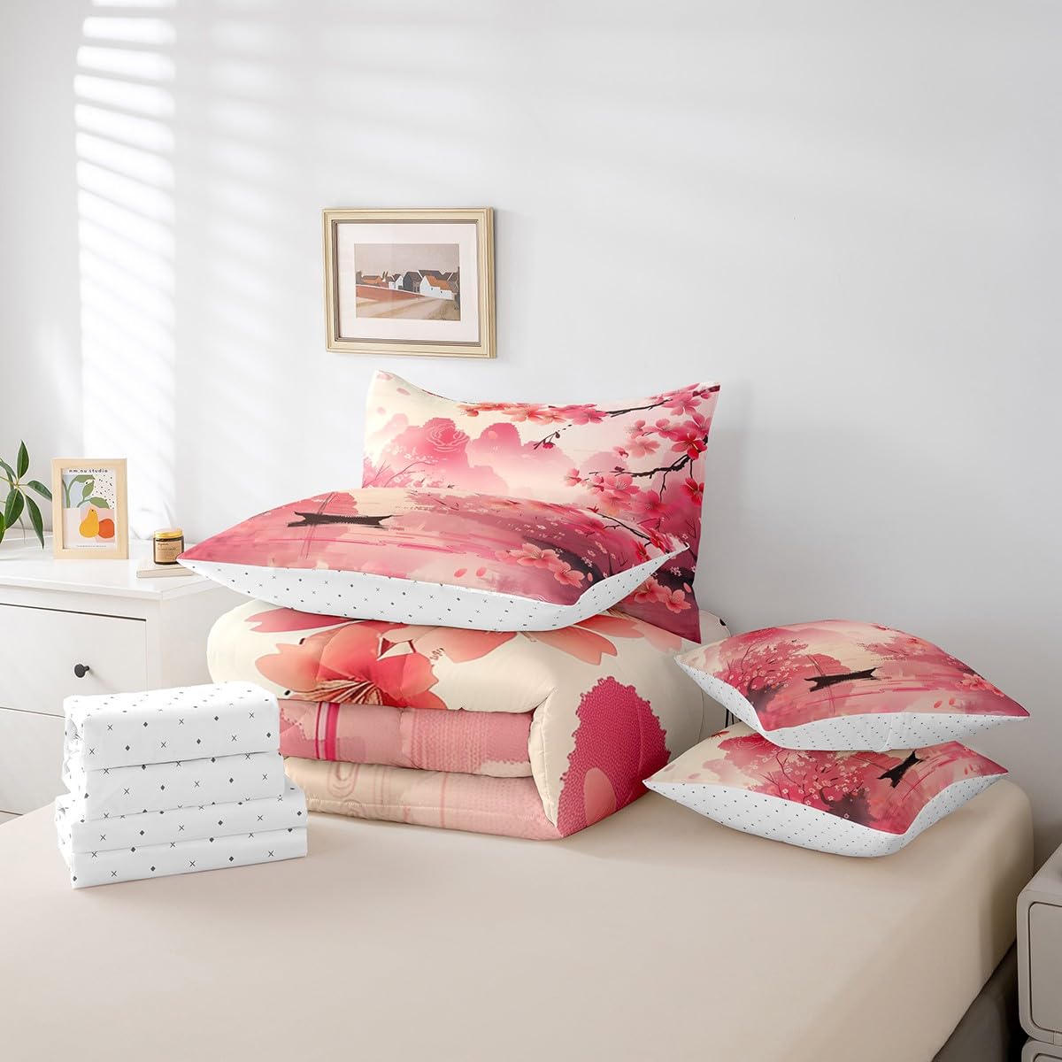Erosebridal Pink Cherry Blossom Queen Bedding Set 7 Piece,Japanese Style Floral Bed Set for Kids Girls Women,Mountain Theme Oriental Aesthetic Comforter Set with Fitted Sheet,Flat Sheet,Pillowcases