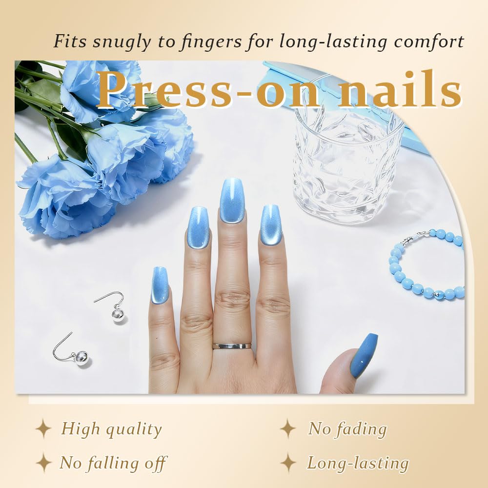 evpct Sky Blue Cat Eye Coffin Press on Nails Medium Square No Glue, Medium Square Stick on Nail for Women, Sky Blue Metallic Glitter Glossy Reusable Summer Soft Press on Acrylic Fake Nail with Design
