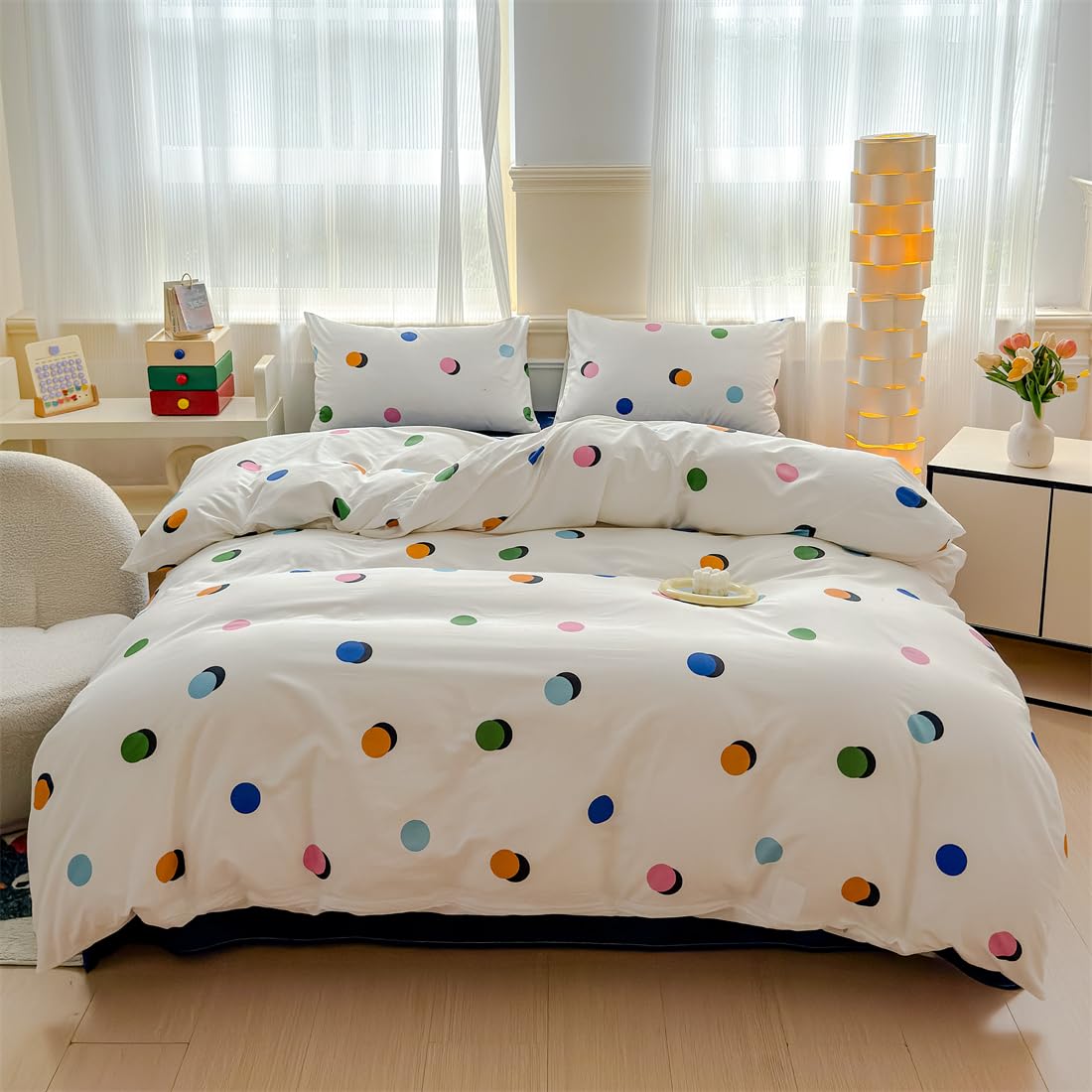 LIWHENHAO Polka Dot Duvet Cover Set Queen 100% Cotton Bedding Blue Green Pink Orange Polka Dots on White 1 Modern Abstract Geometric Comforter Cover Full 2 Pillowcases for Kids Girls Boys Woman