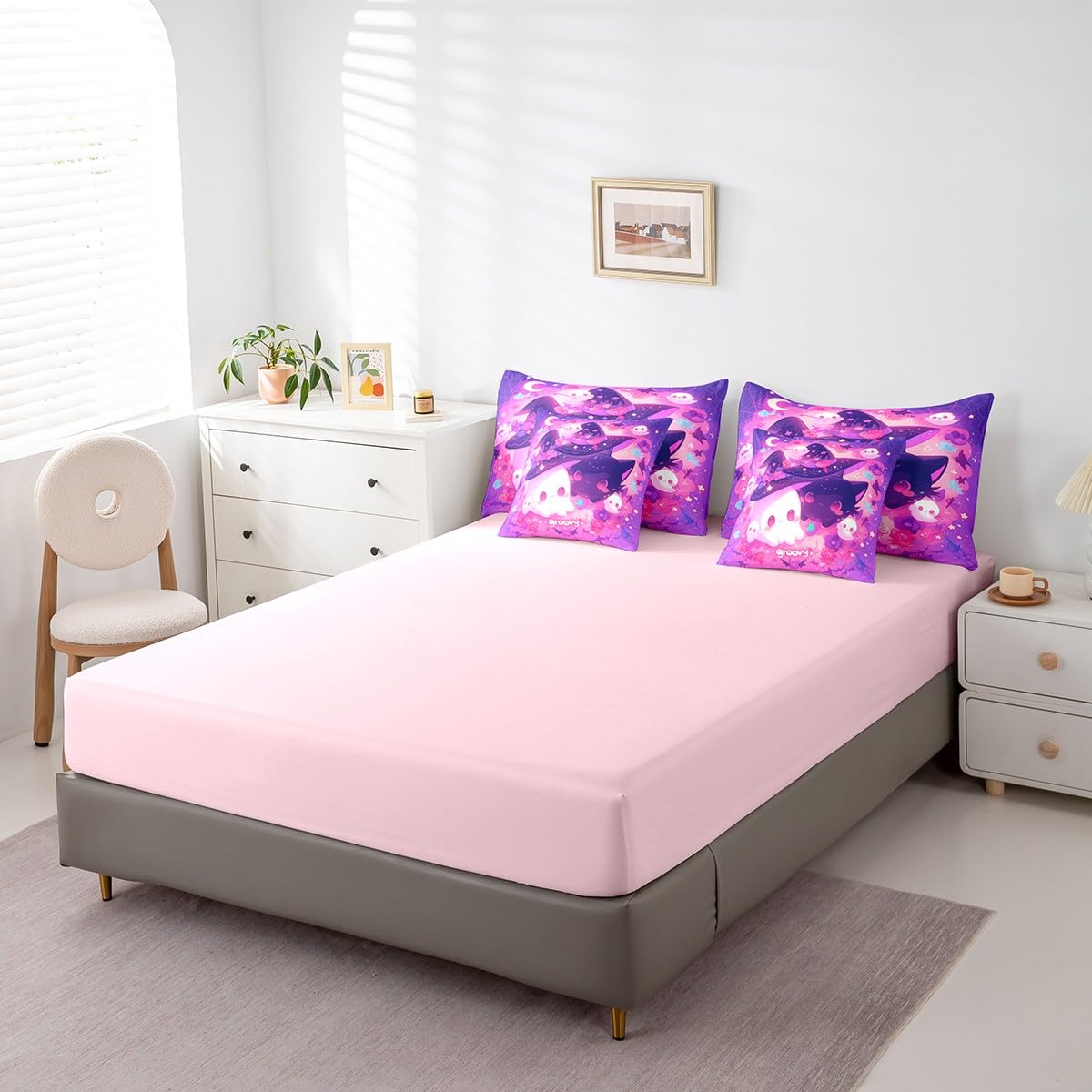 Feelyou Happy Halloween Comforter Set with Sheets Twin Cute Groovy 7 Piece Bedding Set for Kids Boys Girls Teens Sweet Purple Bed in a Bag Bat Bed Set