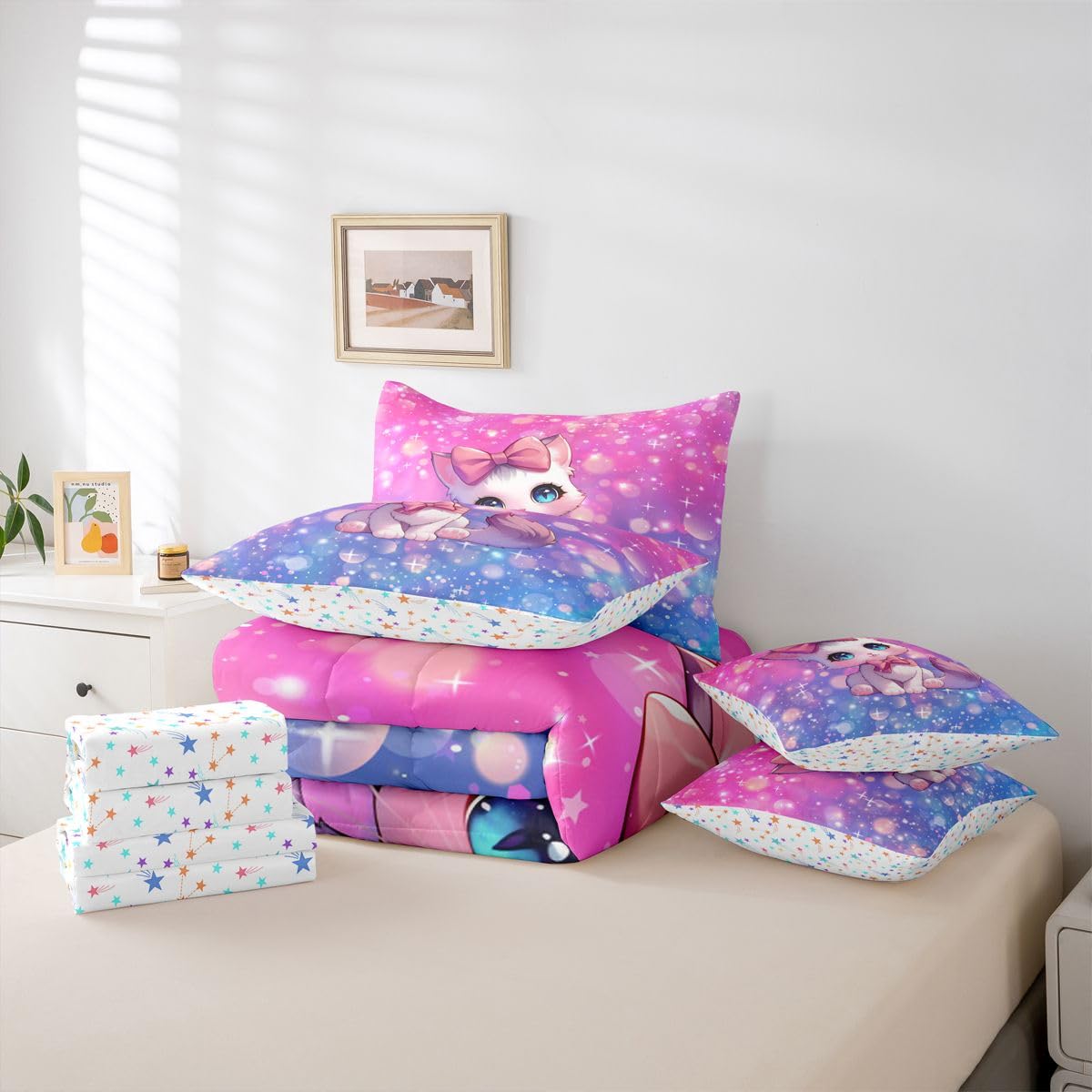 Feelyou Cat Twin Comforter Set with Sheets for Kids Boys Girls Cute Kitten 7 Pieces Bedding Set Cute Animal Bed in a Bag Cat Lover's Gift Room Decor Soft Lightweight Microfiber