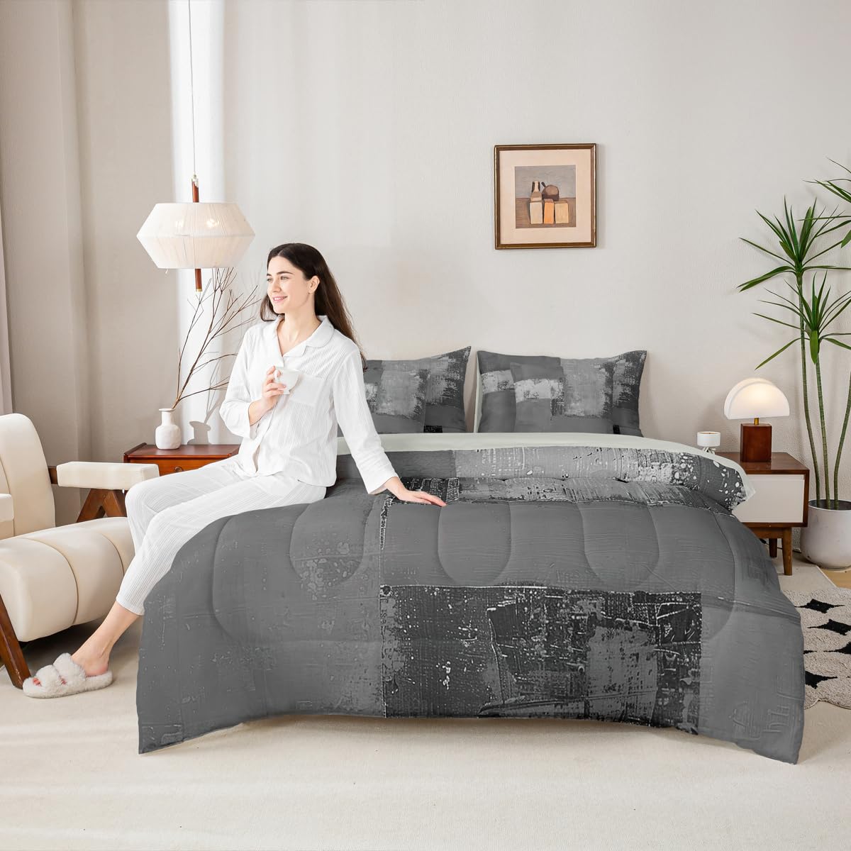 Feelyou Abstract Comforter Set with Sheets 7 Piece King Size Modern Abstract Art Bed in a Bag Kids Boys Girls Luxury Bedding Set Geometric Bedroom Decor Gray Breathable Soft Lightweight Microfiber
