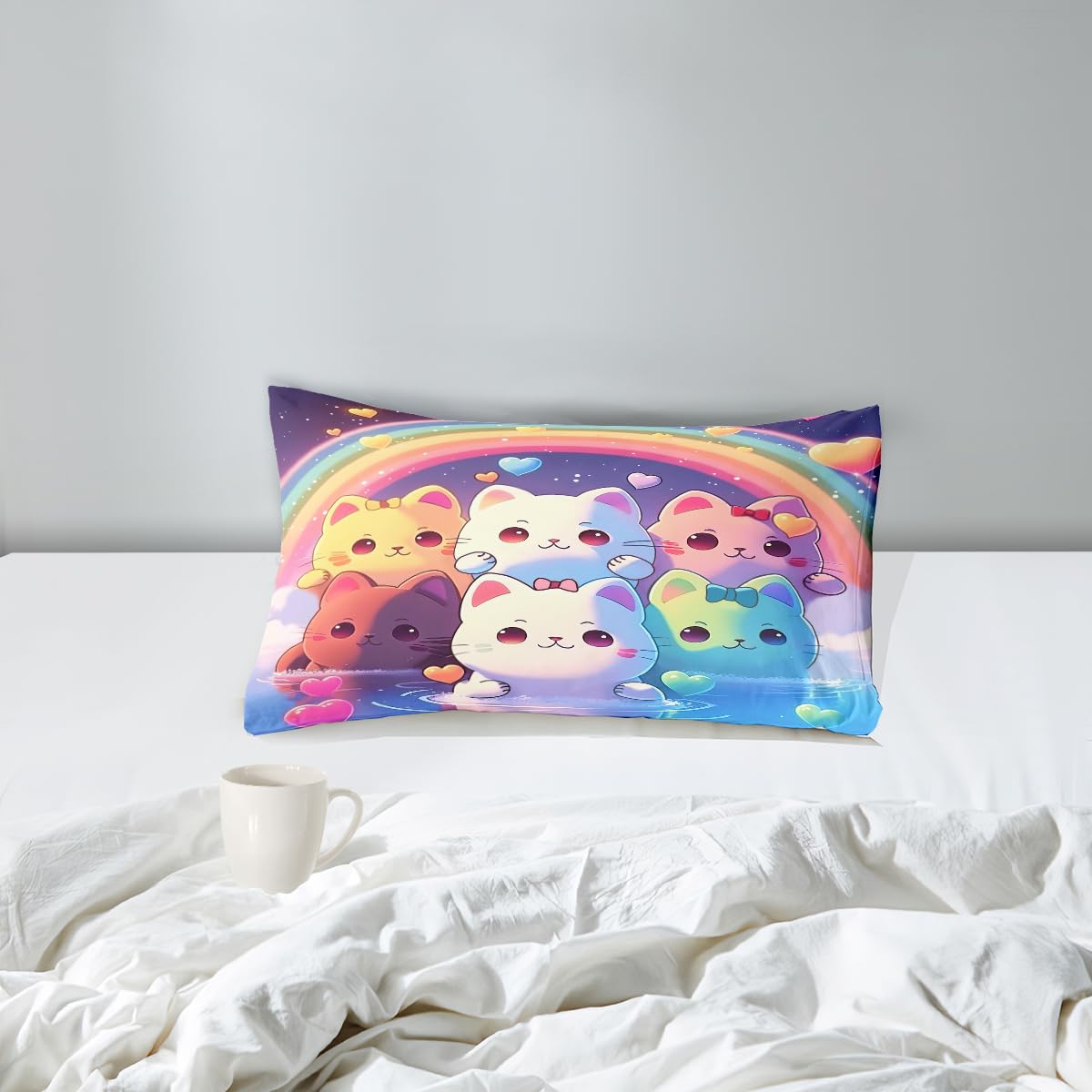 Jiospet Rainbow Cat Comforter Twin Size - Cat Bedding for Girls Room Cute Cartoon Rainbow Bedding Twin Sets for Kids, 1 Comforter+1 Pillowcase