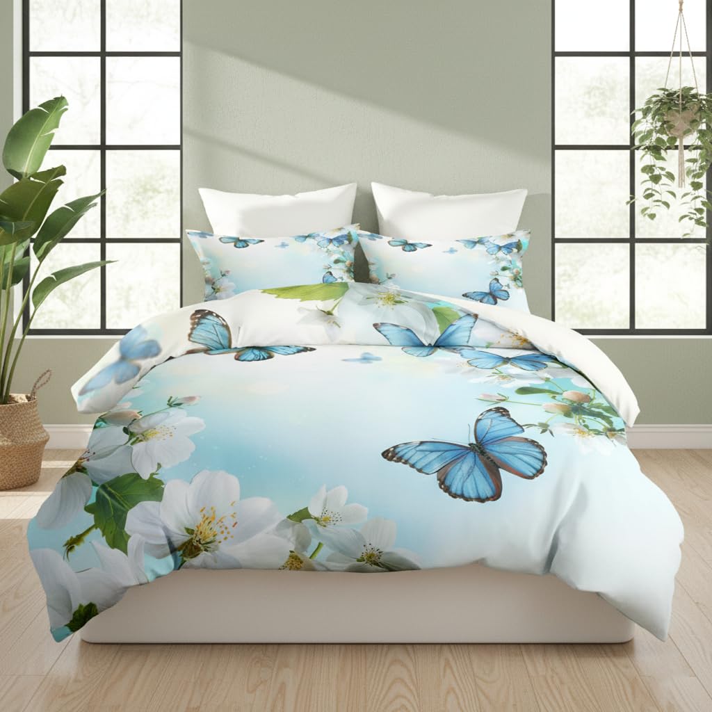 CCoutueChen Kids Twin Size Butterfly Floral Comforter Set, 2 Pcs Blue Botanical Flowers Soft Bedding for Girls, Warm Microfiber Country Bed Set with 1 Pillowcase, 68"x86"
