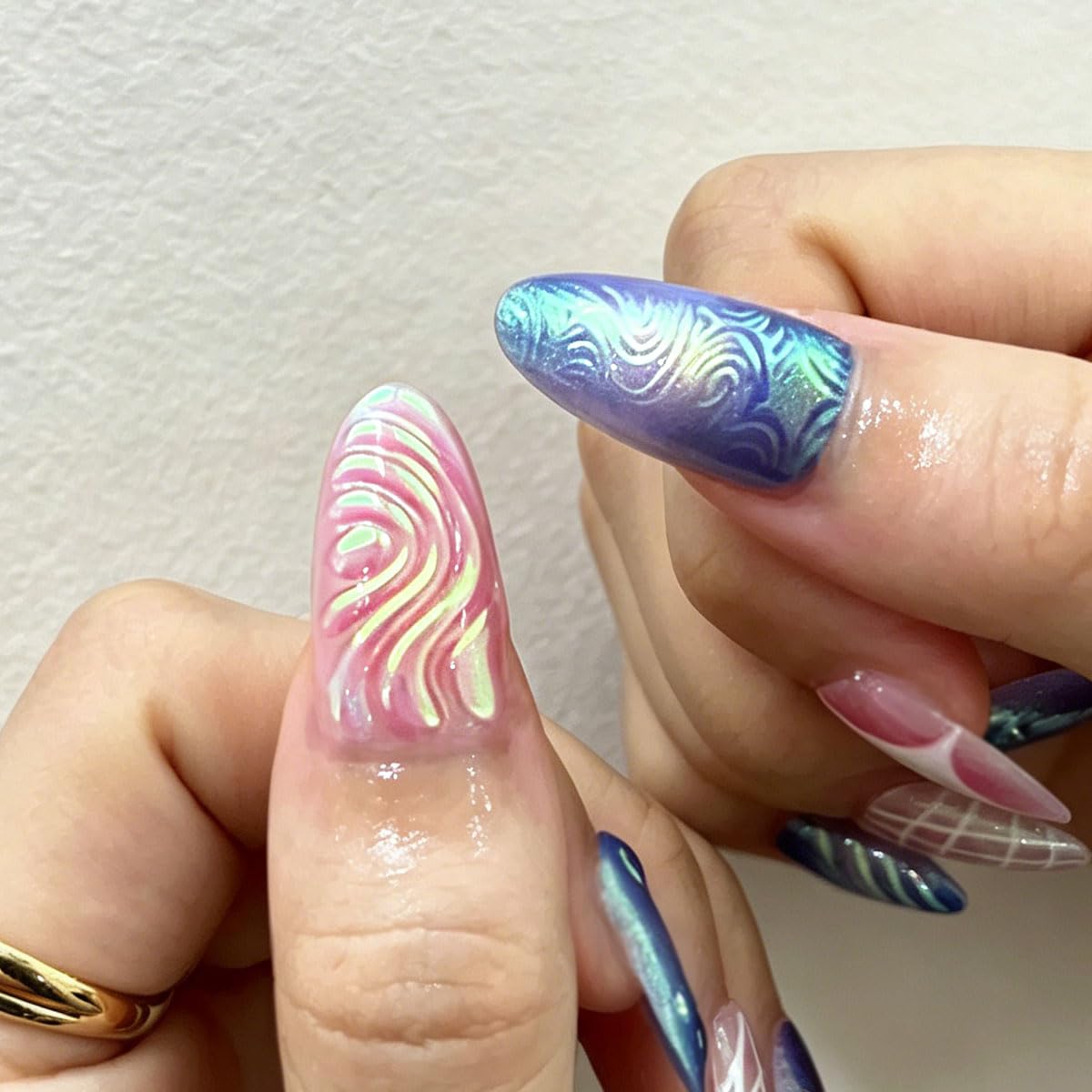 3D Press On Nails Almond Medium Fake Nails with Embossed Square Star Lines Vines Aurora Glitter Designs, Acrylic Artificial Nail Press ons False Stick On Nails for Women Girls 30Pcs