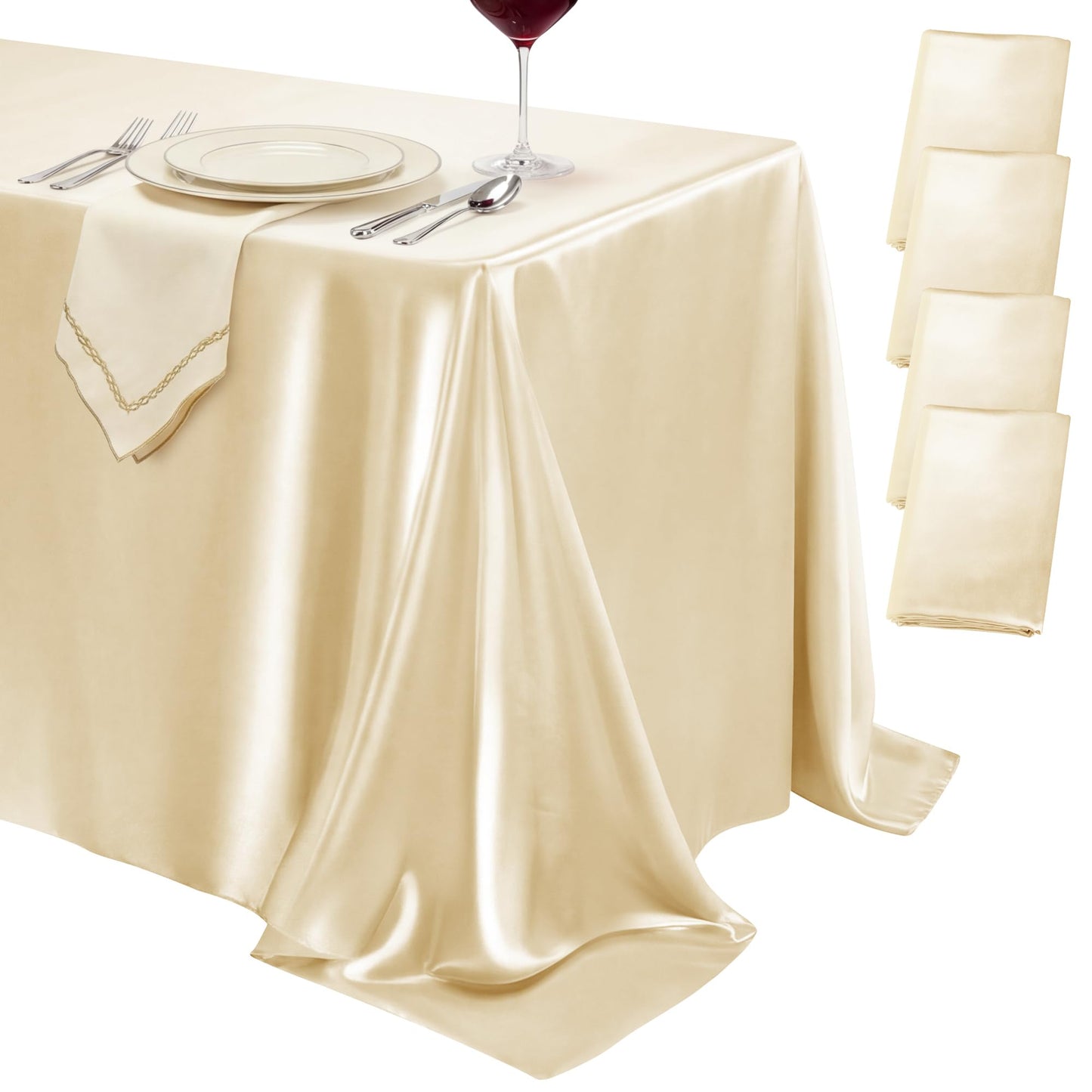 COSINIA 4 Pack Champagne Satin Tablecloth 58 x 102 Inches, Rectangular Satin Table Cloths for Wedding Reception, Birthday Party, Graduation & Holiday Banquet Tables
