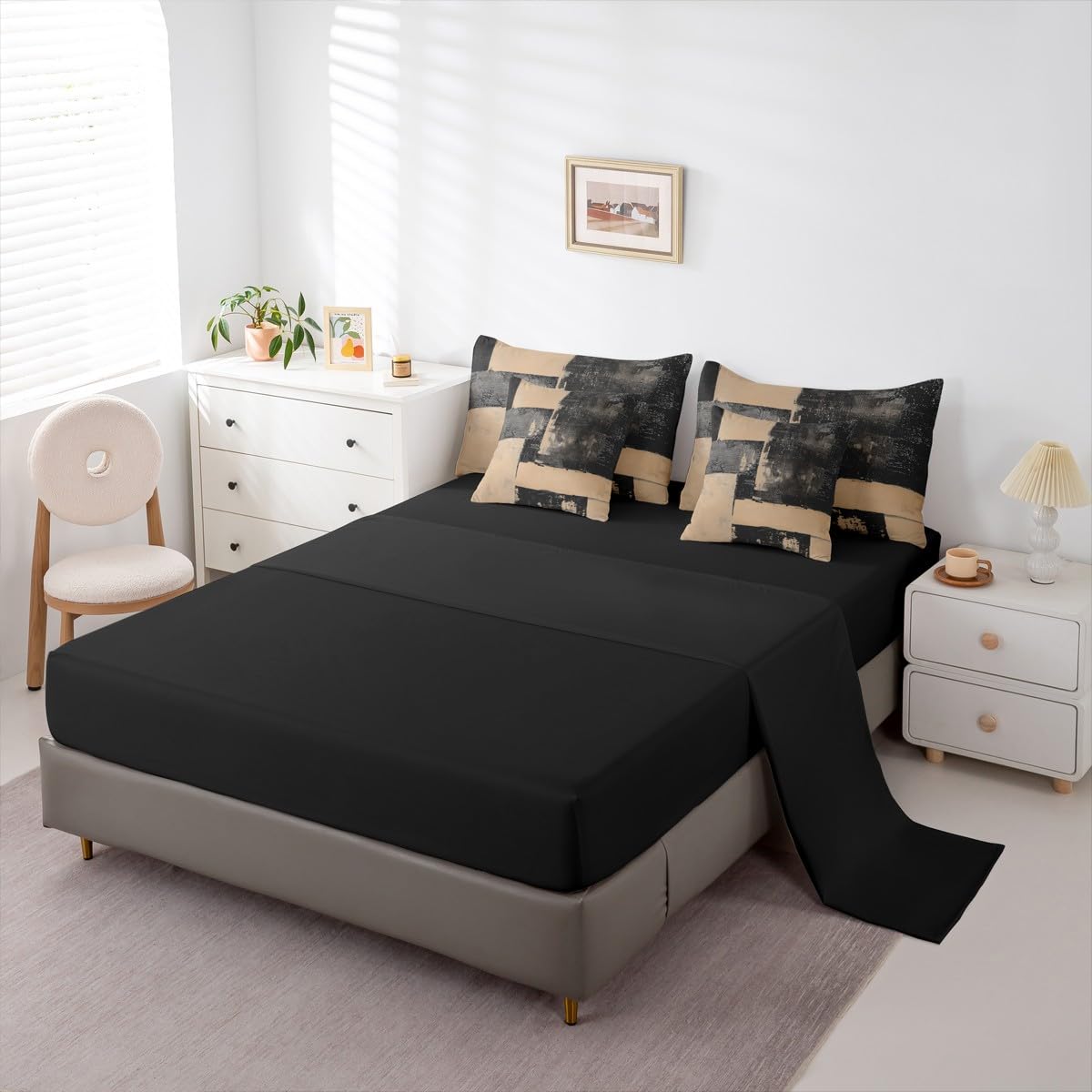 Feelyou Abstract Comforter Set with Sheets 7 Piece King Size Modern Abstract Art Bed in a Bag Kids Boys Girls Luxury Bedding Set Geometric Bedroom Decor Black Brown Soft Lightweight Microfiber