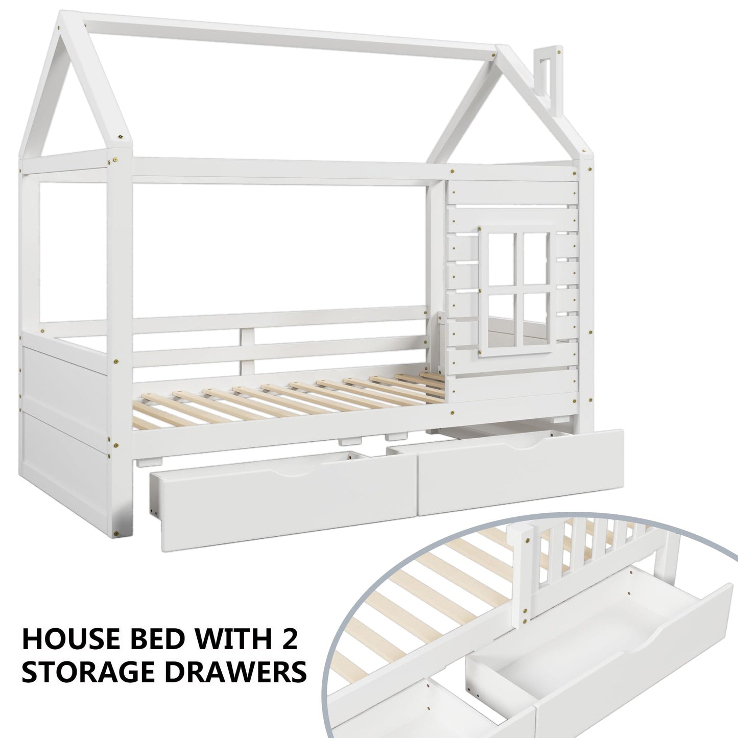 HUMEHA Full Size House Bed for Kids with 2 Storage Drawers, Full Playhouse Bed Frame with Roof and Window, Kids Full Size Bed Frames with Slats, Modern Wooden Montessori Bed for Bedroom, Full-White