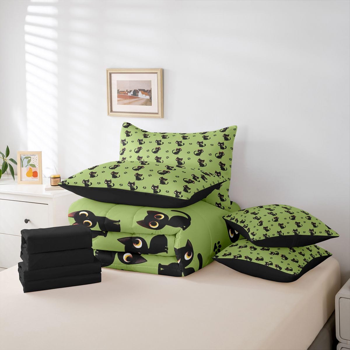 Cute Black Cat 7-Piece Bedding Set Full Size for Kids Boys Girls (Green Black) - Funny Cute Kitten Bed in a Bag Cartoon Black Cats Comforter Set with Sheets Kawaii Cat Paw Print Duvet Insert