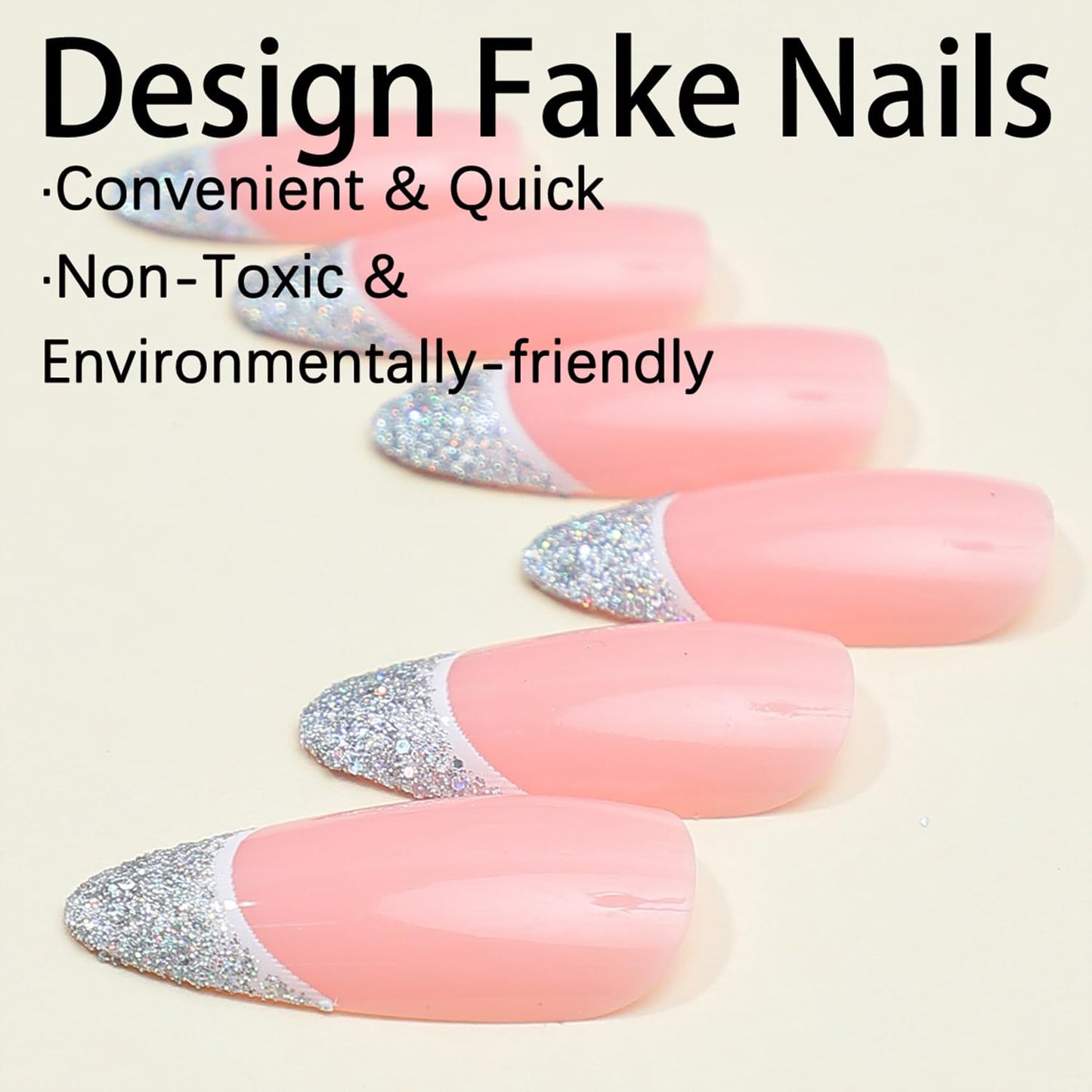 Tyuimhx Glitter French Tip Press on Nails Medium Almond Fake Nails Full Cover False Nails Reusable Stick on Nails Acrylic Glossy Artificial Nails for Women Girls Glue on Nails 24Pcs