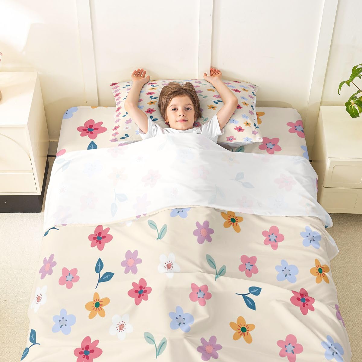 Erosebridal Cartoon Floral Bed Sheets Set Twin Boho Floral Leaves Sheet Set Farmhouse Flowers Plant Sheets Rainbow Wildflower Flat Fitted Sheet