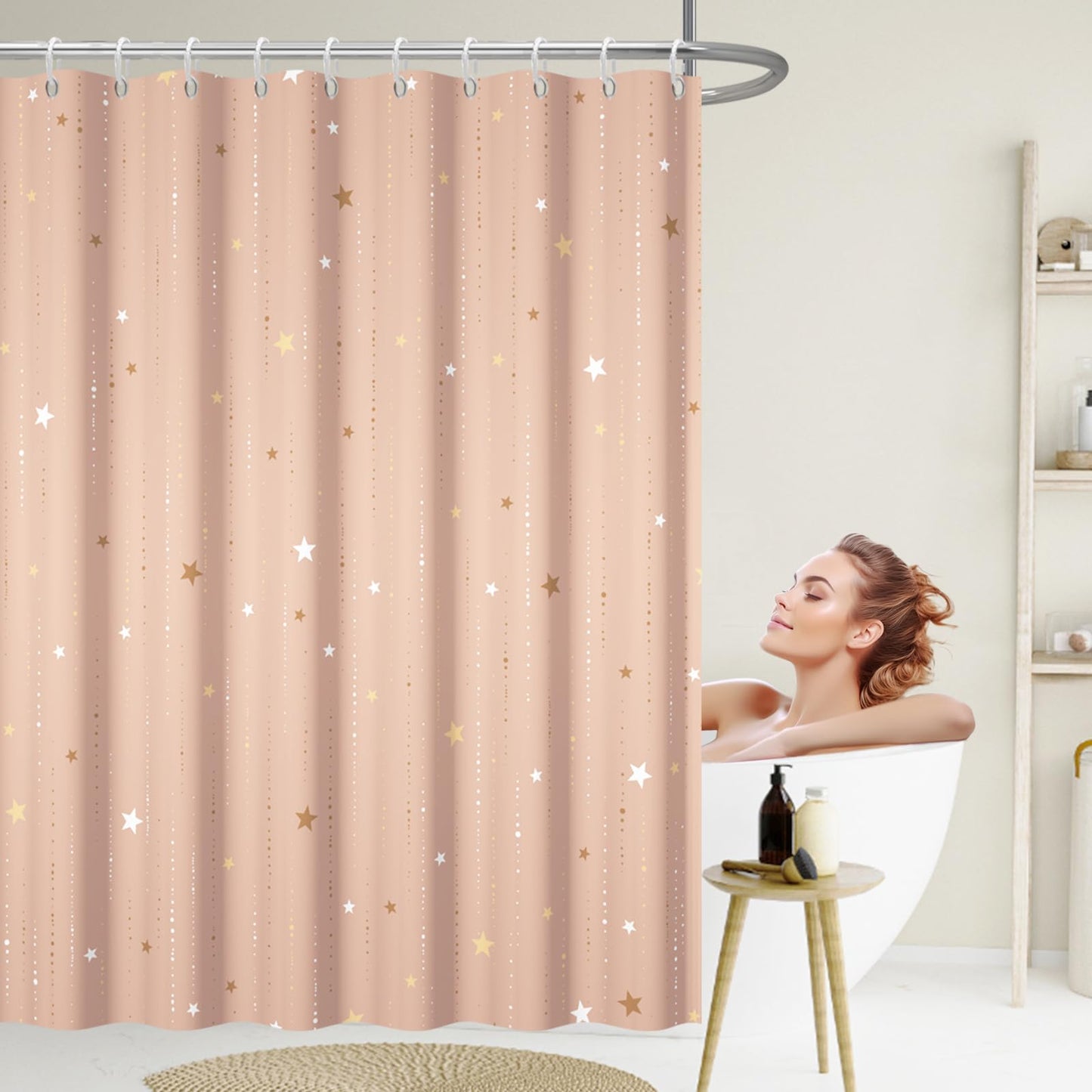 GICDSU Starry Night Shower Curtain, Waterproof Shower Curtains for Bathroom, Cloth Star Shower Curtain Set with Hooks, Peach Pink Celestial Space Shower Curtains, 72x72 Inches