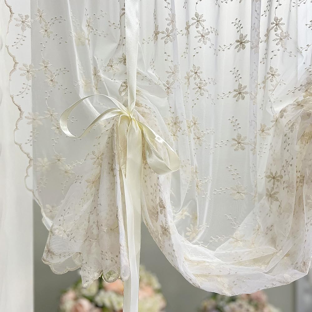 Beige Romantic Little Floral Woven Lace Tie Up Balloon Curtain for Kitchen