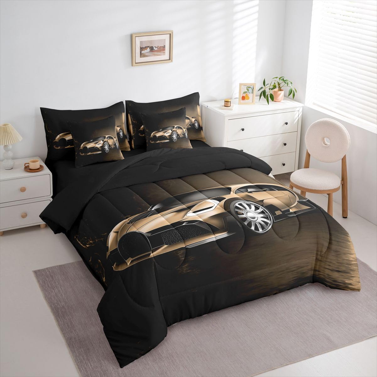 Feelyou Sports Car 7 Piece Bedding Set Brown Race Car Comforter Set with Sheets for Kids Boys Girls Extreme Sports Bed in a Bag Cool Speed Luxury Car Decor Quilt with 2 Pillowcases Full