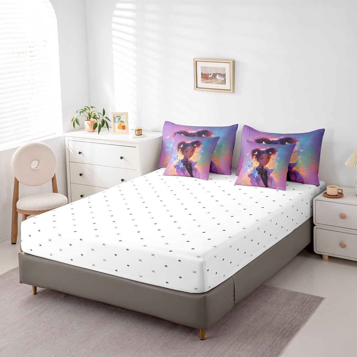 Castle Fairy Cool Girl Bedding Set,Neon Dreamy Butterfly Twin Comforter Set with Sheets for Kids Girls Teens Room Decor,African American Style Bed in a Bag 7 Piece for Bedroom Living Room