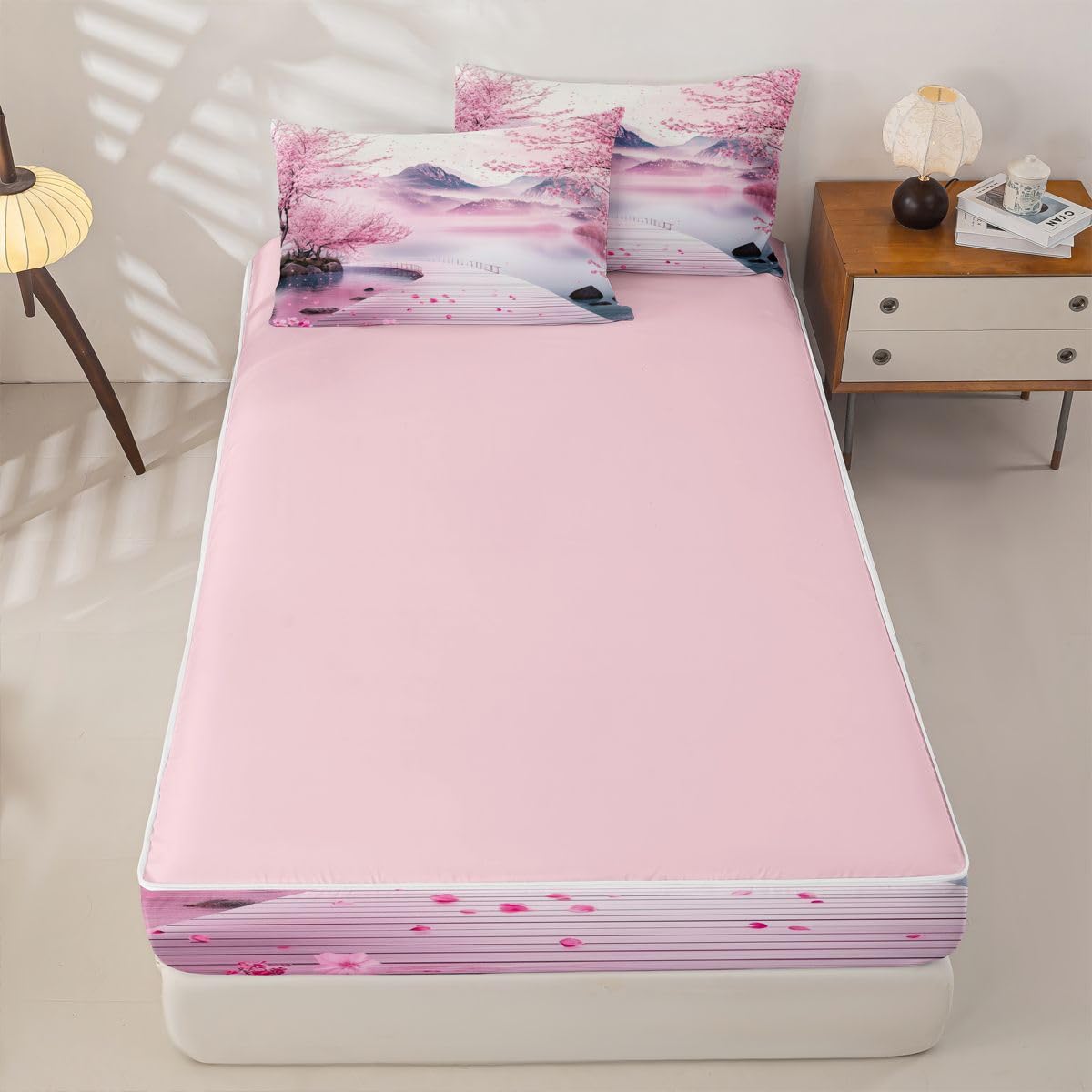 Erosebridal Pink Japanese Kids Comforter Set with Zipper, Japanese Cherry Blossom Twin Size Zipper Bedding Set, Watercolor Ink Painting Bed-in-A-Bag