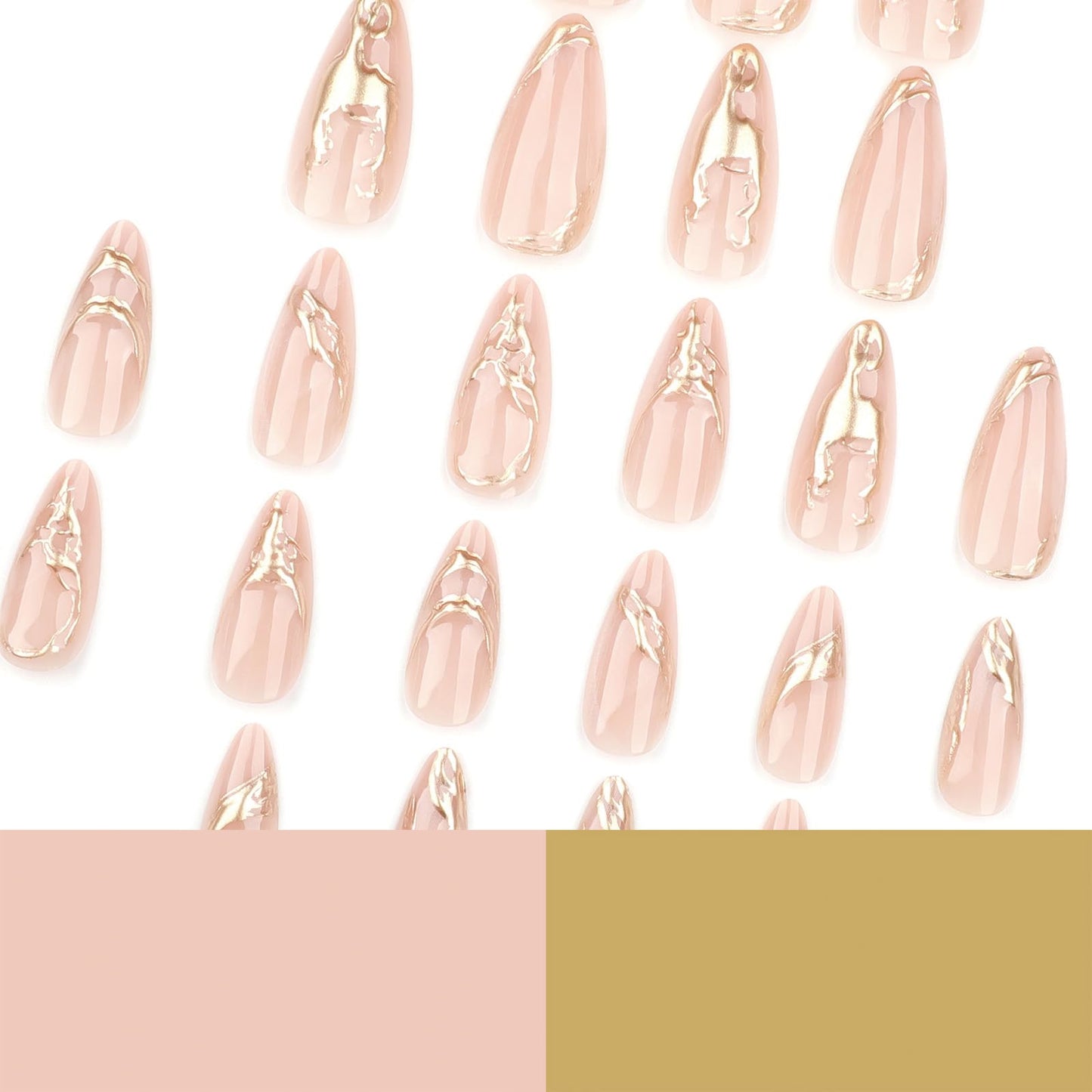 SINHOT Stiletto Glue on Nails - Long, Almond Artificial Nails with Marble Ombre, 3D Gold Chrome Design - 24 pcs