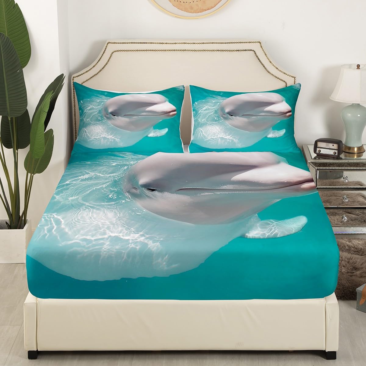 Manfei Beluga Whale Bedding Set 2pcs for Kids Boys Teens White Whale in Water Print Sheet Set Sea Animal Fitted Sheet Microfiber Bed Sheet Set (1 Fitted Sheet + 1 Pillow Case) Twin Size