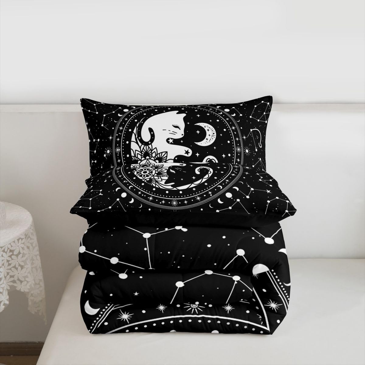Cute Cats Comforter Set Twin,Gothic Star Sky Moon Constellation Bedding Set 2pcs for Kids Teens Boy Girls Room Decor,Animals Flower Plants Quilt Set Black Exotic Duvet Insert with 1 Pillowcase