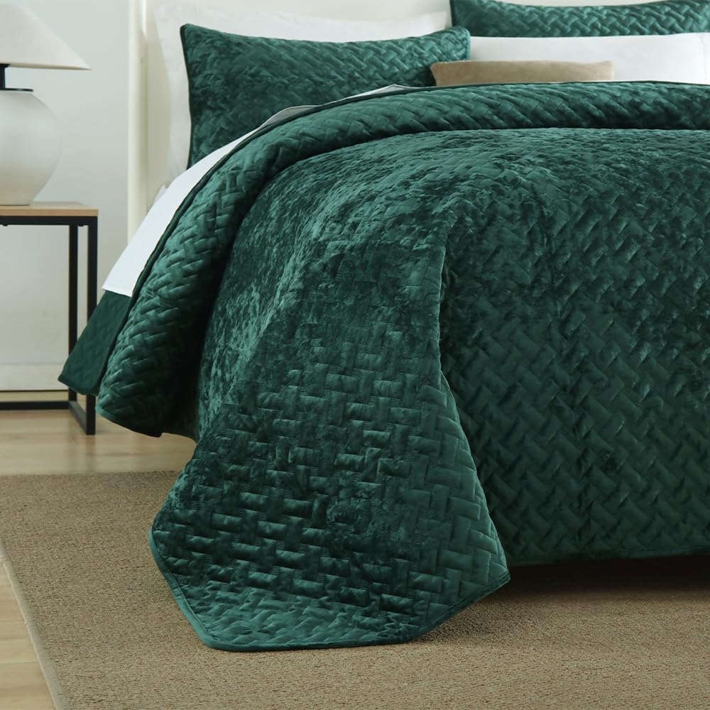 Liians Velvet Bedspread Quilt Bedding Sets,Luxury Elegant Ultra Soft Velvet Comforters Coverlet Blankets,Weave Stitching Pattern Cotton Quilted Bedspread for All Seasons,Turquoise,King Size