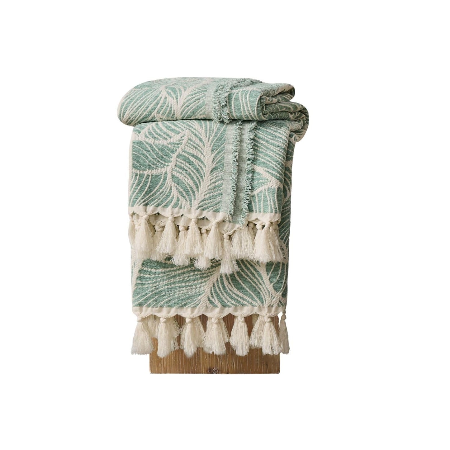 DOWN HOME Chenille Cotton Throw Blanket for Couch, Lightweight Boho Blanket for Bed Sofa Chair Living Room Outdoor Soft Woven Decorative Blanket with Tassel Gift Green Leaves 55"x60"