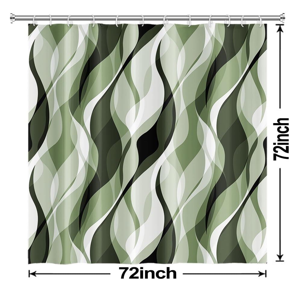 Ruelvth Sage Green Shower Curtain, Abstract Ombre Green and Grey Striped Shower Curtain Set for Bathroom Waterproof Polyester Shower Curtain with Hooks, 72x72 Inch
