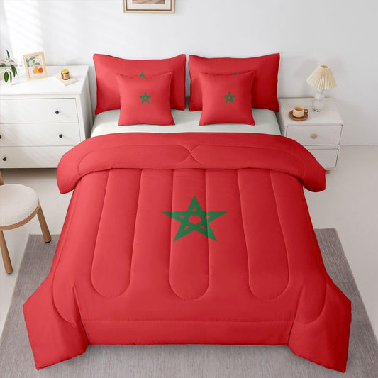 Feelyou Flag of Morocco Comforter Set King SizeMoroccan 7 Pcs Bedding for Kids and AdultsWorld Countries Boys Girls Bed in a Bag Bed Sheet Sets with Fitted Sheet Pillowcases for Bedroom Bed Decor