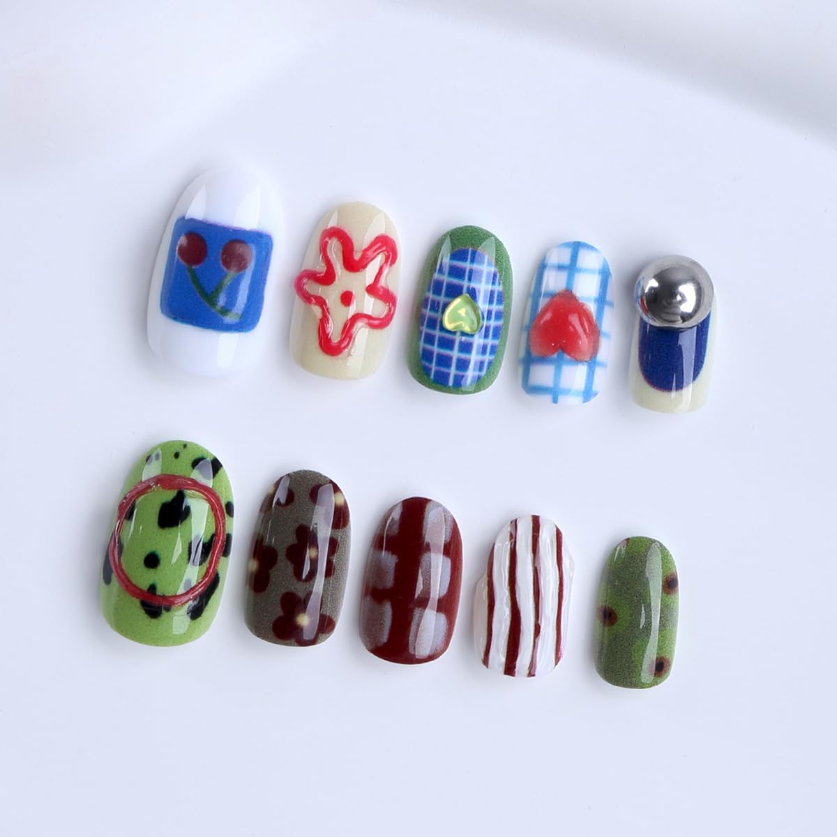 24Pcs Cute Press on Nails Short Oval Fake Nails Y2K Style 3D Mixed Pattern Colors False Nails with Design Glossy Acrylic Nails Reusable Full Cover Stick on Nails for Women Daily Manicure Wear