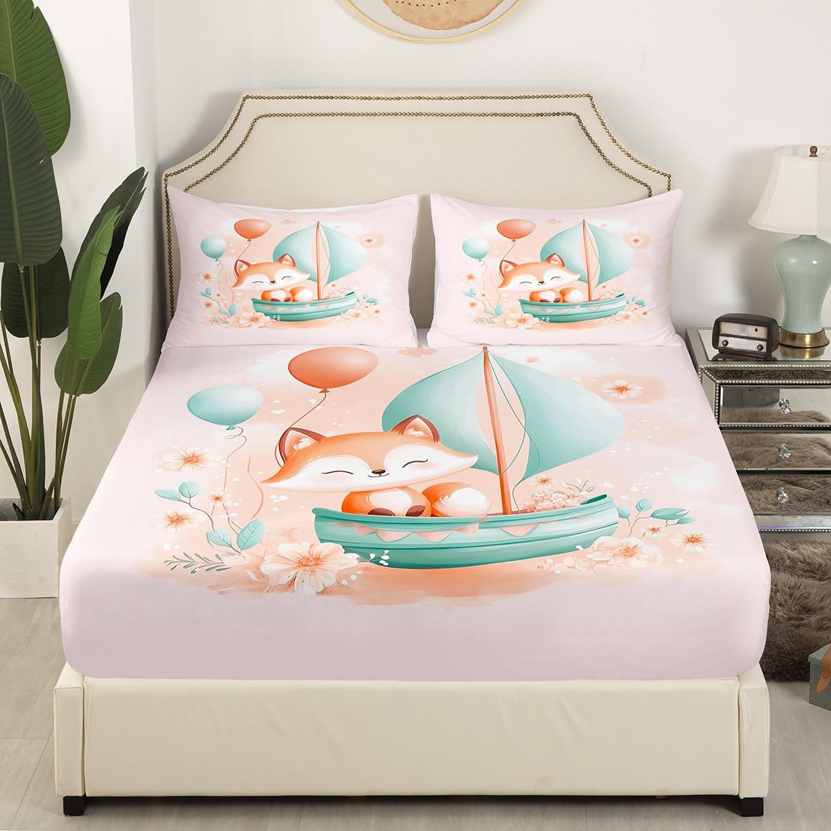 Feelyou Kids Cute Fox Fitted Sheet Full Size, Woodland Fox Bed Sheet Set Boys Girls Cartoon Animal Bedding Set Nature Wildlife Teens Bed Cover Bedroom Decor 3Pcs (No TOP Sheet)