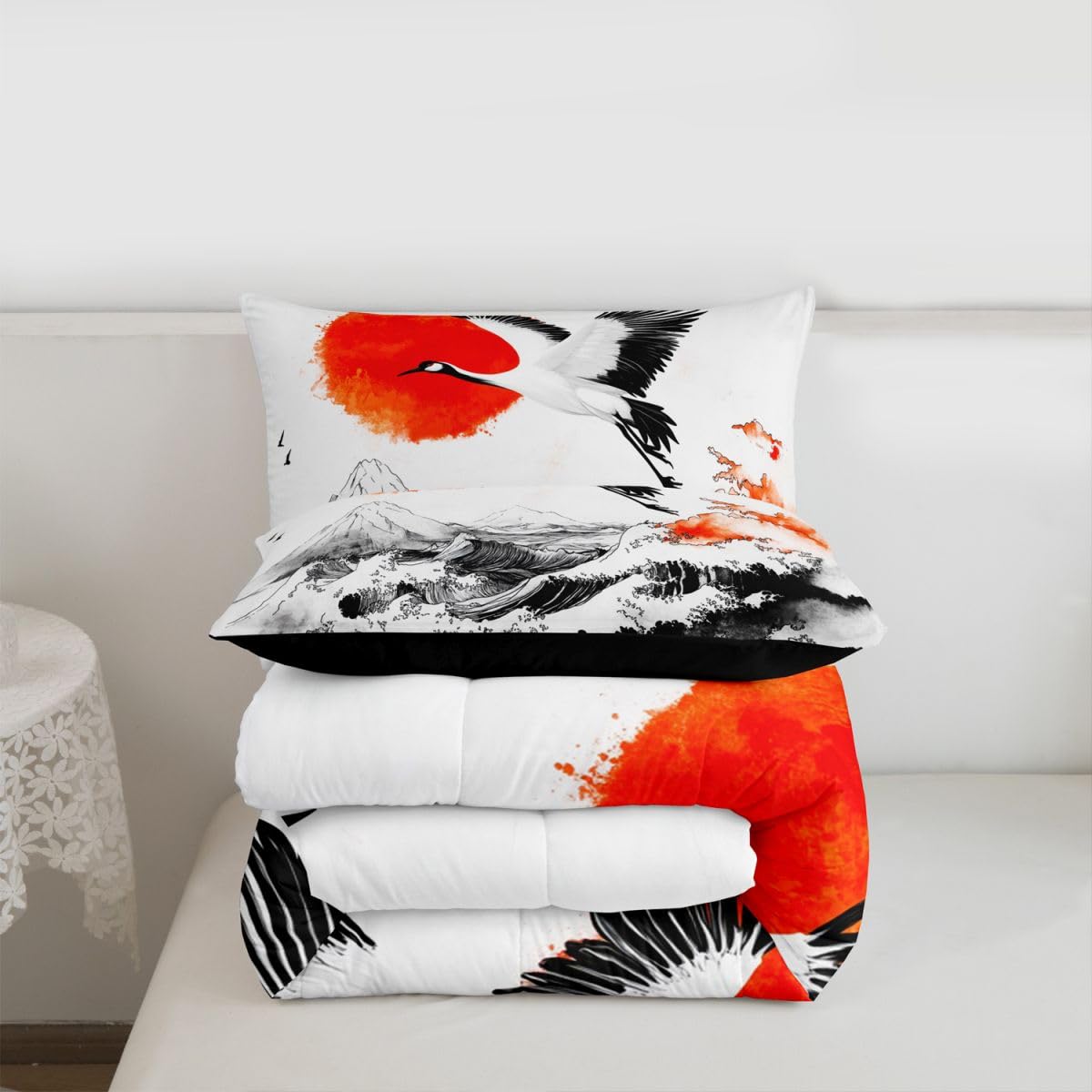 jejeloiu Wave Comforter Set All Season Cranes Bedding Set with 2 Pillow Cases Japanese Style Microfiber Kids Queen Bedclothes Red Sun Bedroom Decor Duvet Quilt Breathable Soft Lightweight