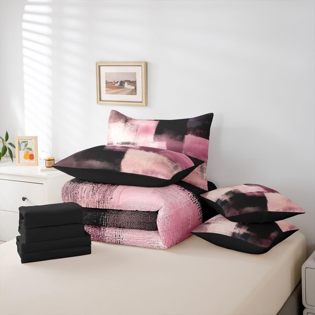 Feelyou Abstract Comforter Set with Sheets 7 Piece King Size Modern Abstract Art Bedding Set for Kids Boys Girls Luxury Bed in a Bag Geometric Room Decor Pink Soft Lightweight Microfiber