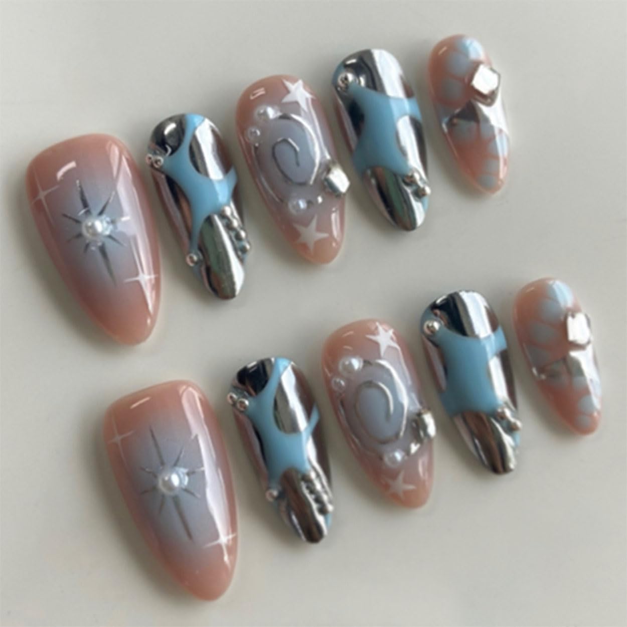 Press on Nails Almond Medium Fake Nails French Tip False Nails Press ons with Silver Starburst Design Glue on Nails Artificial Acrylic Nail Art Glossy Full Cover Stick on Nail Supplies for Women 24Pcs