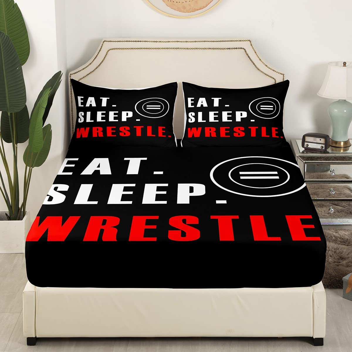 Wrestle Bed Sheet Set Sports Theme Fitted Sheet Deep Pocket Queen Size for Kids Boys Girls Teens Room Wrestling Decor Bedding Set Super Soft Bed Cover 3Pcs