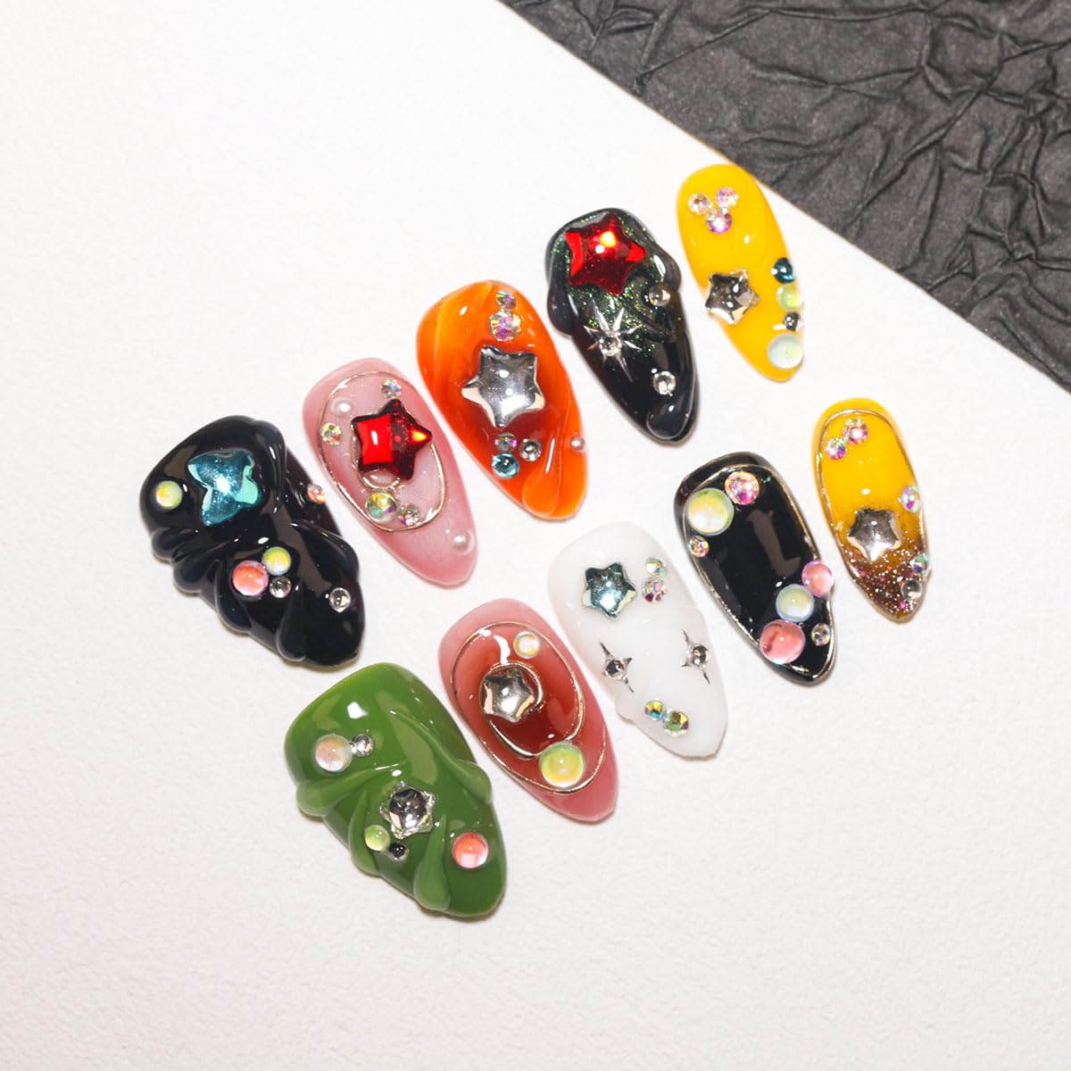 EasierGlow 10 Pcs Handmade Short Almond Press On Nails - Easy Apply & Remove, Reusable & Salon Quality | Y2K Gothic Multicolor Fake Nails with 3D Star, Gemstone & Swirl Sculpted Accents (EG01, S)