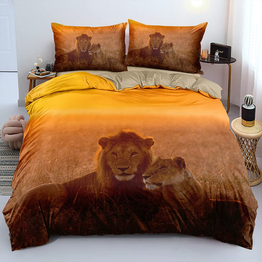 Holiyjog 3D Printa Couple of Lions Duvet Cover Pillow Sham Wild Animal Pattern Comforter Covers Yellow Color Bed Set Boys Kids Bedroom Decoration King Size