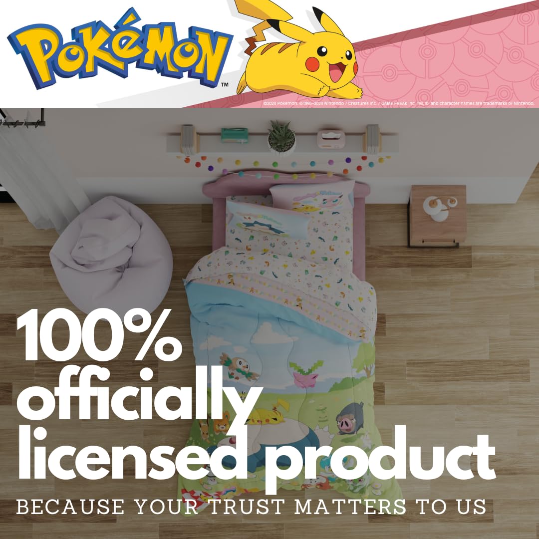 Pokemon Bedding Super Soft Comforter and Sheet Set with Sham, 5 Piece Full Size, Featuring Snorlax, Pikachu, Eevee & Jigglypuff (Officially Licensed Product) by Franco