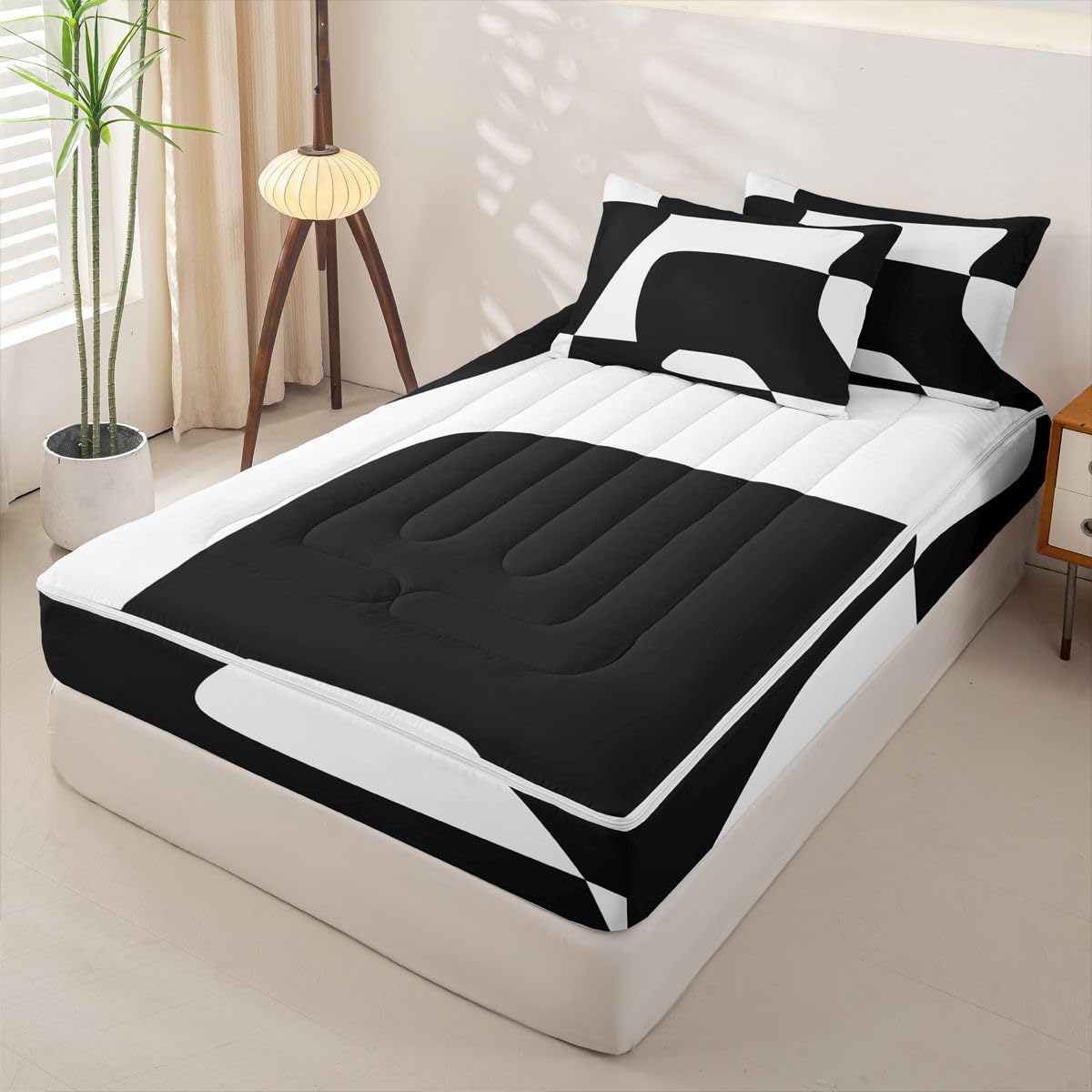 Erosebridal Black and White Abstract Zippered Comforter Set Boho Geometric Striped Zipper Bedding Set Twin Size Minimalist Modern Art Bed in a Bag Simple Aesthetic Modern Comforter with Sheets