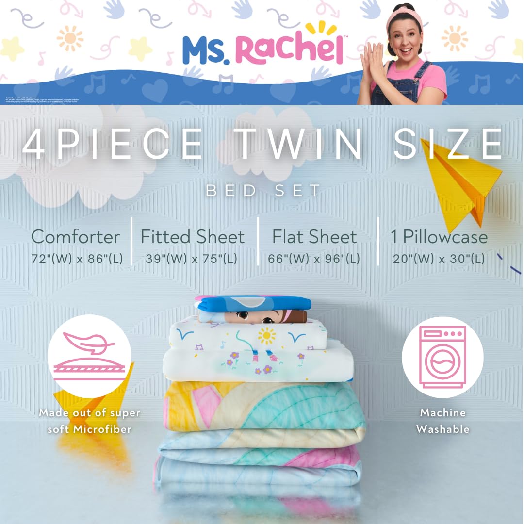 Ms. Rachel Educational Adventures Kids Bedding Super Soft Microfiber Comforter and Sheet Set, 4 Piece Twin Size, (Officially Licensed Product) by Franco