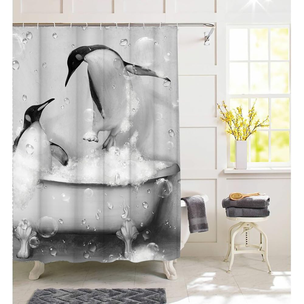 KREATIVE ARTS Funny Penguin Shower Curtain Cute Animal Takes Bath in Grey Bathtub with Bubbles Bathroom Curtain Fabric Shower Curtain Bathroom Accessories 12 Hooks 72x72