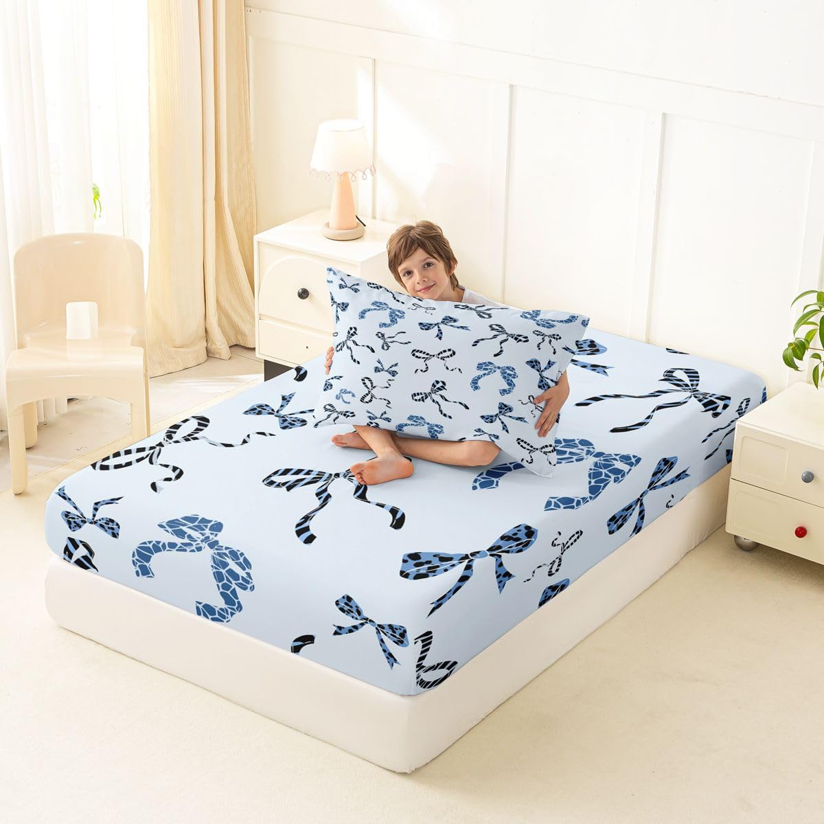 jejeloiu Blue Leopard Bow Fitted Sheet Twin Size for Kids Boys Girls Leopard Print Bowknot Bed Sheets Set 16" Deep Pocket Dreamy Princess Bowknot Bedding with 1 Pillowcase Room Decor