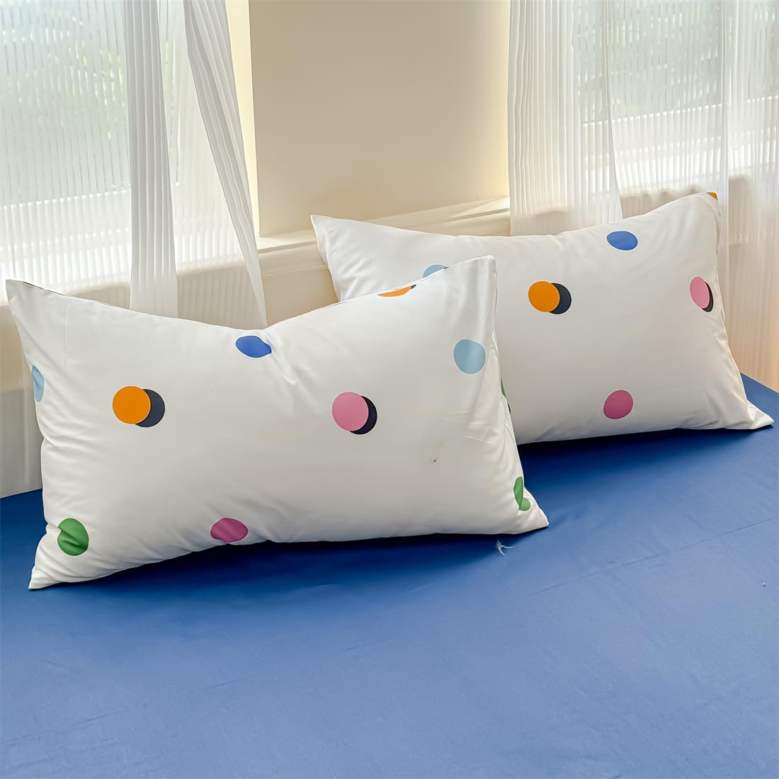 LIWHENHAO Polka Dot Duvet Cover Set Queen 100% Cotton Bedding Blue Green Pink Orange Polka Dots on White 1 Modern Abstract Geometric Comforter Cover Full 2 Pillowcases for Kids Girls Boys Woman