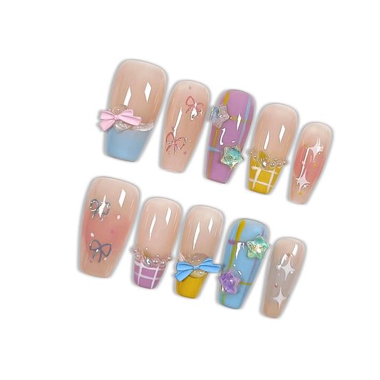 Hantyer Press on Nails, Long Coffin Fake Nails with Checkered Pattern, Star & Bow Accents, Dopamine Color French Tips, Reusable Nails Cute Summer Style for Women(Size M)
