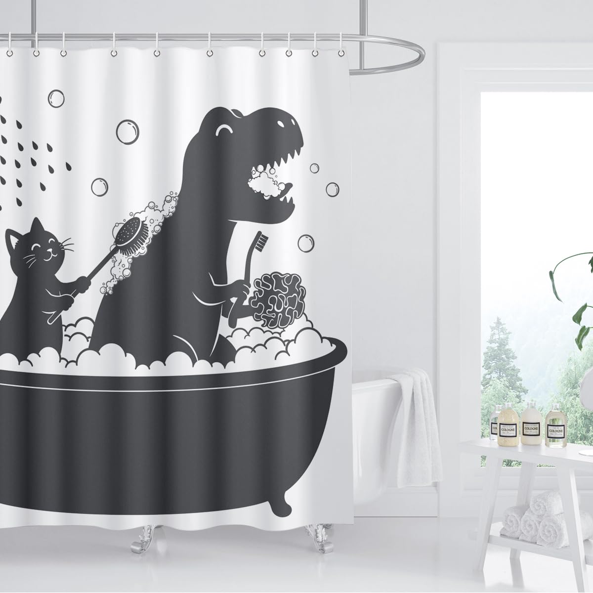 BIYSUC Dinosaur Shower Curtain Funny Dino Cat for Kids Boys Trex Silhouette Animal Shadow Cartoon Black White Bathroom Waterproof Polyester Fabric 72Lx72W Inch with Hooks