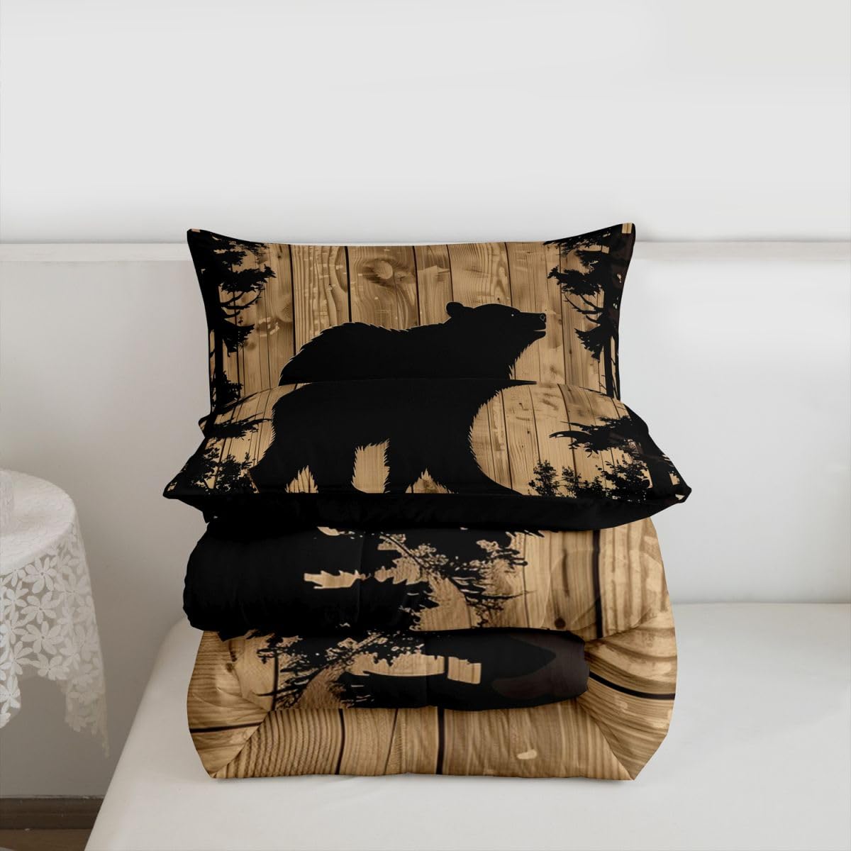 jejeloiu Bear Bedding Set Soft for Boys Girls, Wild Animal Comforter Set Queen Size Wild Retro Wood Duvet Quilt Microfiber Rustic Cabin Country Bedroom Decor 3 Pcs with 2 Pillow Cases